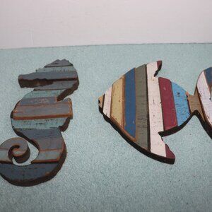 Wooden Sea Horse 9"X4" & Fish 7"X7" Wall Decor With Blue Hues